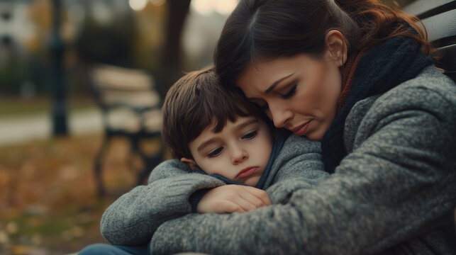 Mother lovingly comforts her sad child on a park bench during an autumn afternoon. Both wear warm coats, conveying emotional support and family bonding. Image made using Generative AI.
