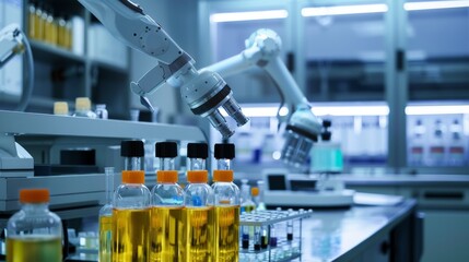 Robotic arms handling chemicals in a laboratory