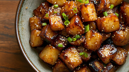 Savory Braised Potatoes Cubed in Rich Soy Sauce with Sesame and Green Onions in a Rustic Bowl