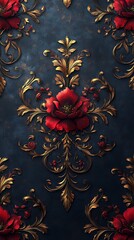  Luxurious Red Roses and Gold Foliage on Deep Blue Background