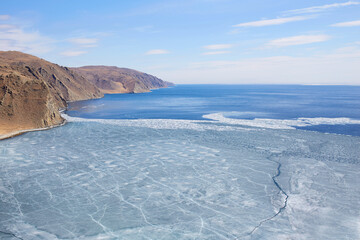 Beautiful spring landscape. Lake Baikal at the time of melting ice
