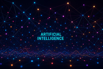 Abstract glowing neural network mesh with colorful dots and waveforms representing artificial intelligence machine learning big data processing and futuristic digital technology concept