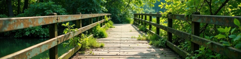 Worn wooden bridge with overgrown vegetation and a distressed metal railing , nature, wooden