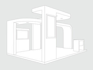 3d illustration stand booth 6x4 m simple minimalis design with blank LED TV screen logo company for event exhibition. Vector editable sketch outline drawing coloring isolated background.