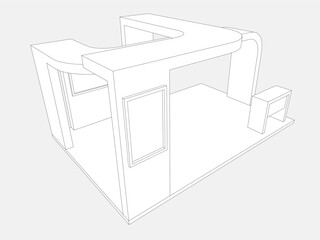 3d illustration stand booth 6x4 m simple minimalis design with blank LED TV screen logo company for event exhibition. Vector editable sketch outline drawing coloring isolated background.