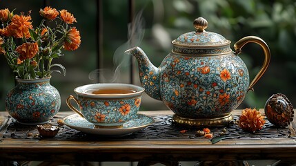 Steaming teacup and teapot on ornate table outdoors