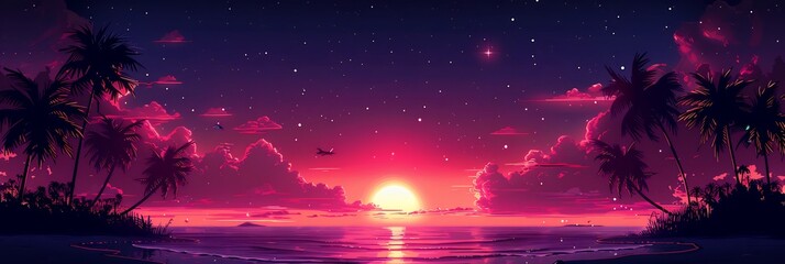  A secluded beach at sunset, with palm trees gently swaying in the breeze, the sky ablaze with warm colors as the sun dips below the horizon, and soft waves lapping the shore 