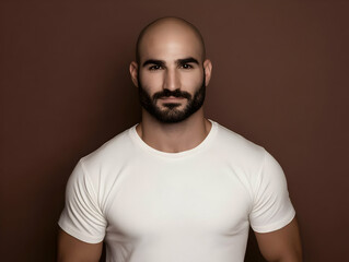 Naklejka premium Photo Portrait of a Confident Bald Man with Beard in White T-Shirt