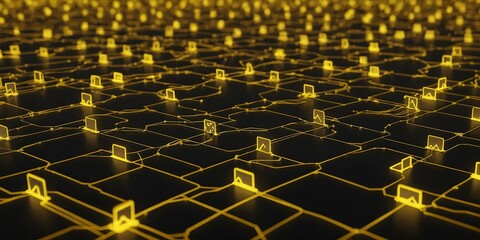 Obraz premium Leuchtende Symbole in einem goldenen digitalen Netzwerk – Visualisierung vernetzter Informationssysteme auf dunkler Oberfläche
