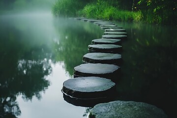 A row of stepping stones leading across a serene pond, symbolizing the careful steps taken in life?? journey
