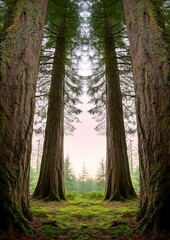 Enchanted Forest Giants A Mystical Forest of Tall Trees with Sunlight Breaking Through the Canopy