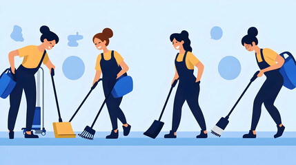 Pixelated Illustration of Four Women Cleaning Wearing Blue Uniforms