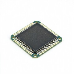 Square electronic component with metal pins, on white. Detailed close-up of a CPU or chip