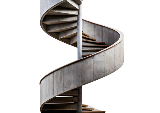 Spiral Staircase Design: A sleek and modern spiral staircase with concrete railing and wooden steps creates a dynamic and captivating architectural element. isolated on transparent or white background