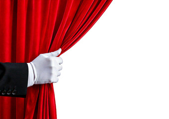 Elegant hand in white glove pulls back red curtain to reveal stage isolated on a transparent or white background