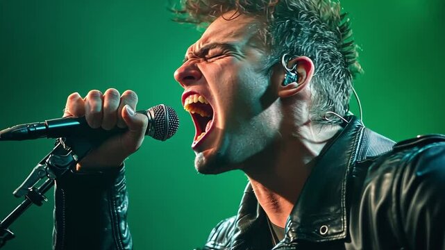 Expressive Performance: A vocalist gives a passionate performance on stage, microphone in hand, with intense expression and energy, embodying the raw emotion of music.