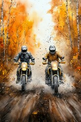 Two motorcyclists ride side by side through a vibrant autumn forest, kicking up leaves and dirt, with golden and orange foliage surrounding the muddy path, capturing a sense of adventure and freedom.