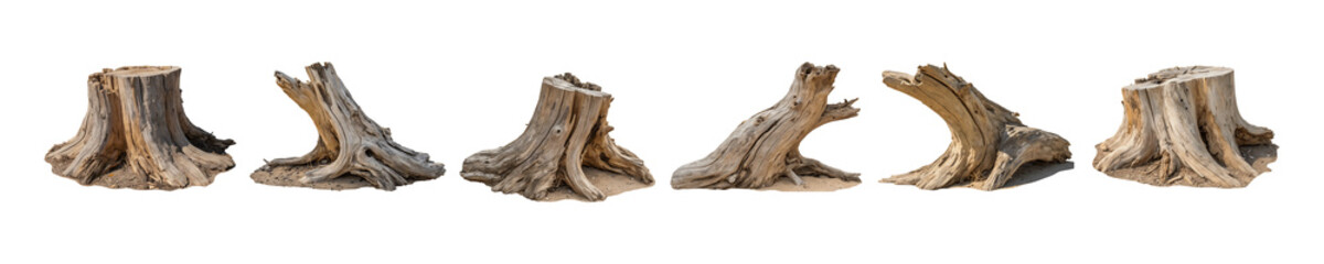 Aged Driftwood & Rustic Oak Log Natural Weathered Wooden Sculpture, Tree Stump, and Withered Wood Textures for Art & Design Mockups, isolated on white transparent background PNG