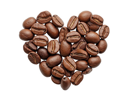 Roasted coffee beans carefully arranged in a perfect heart shape, deep brown tones with glossy highlights - Powered by Adobe