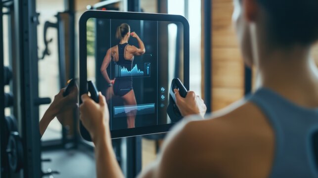 Person using a smart mirror to track fitness progress during a workout, modern home gym with clean design and fitness equipment, High-tech style