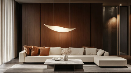 Minimalist living room with pendant light, wood walls and beige furniture in a soft neutral palette
