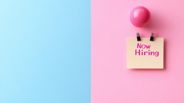 “Now Hiring” hangs on a pink background for job boards,career pages of company websites,and social media posts announcing job openings