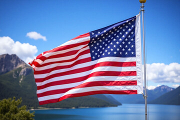 american flag flying in the wind near a body of water