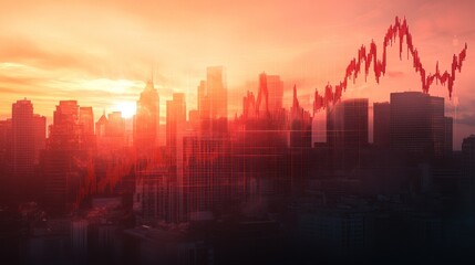 Fototapeta premium City skyline at sunset overlaid with fluctuating stock market trends