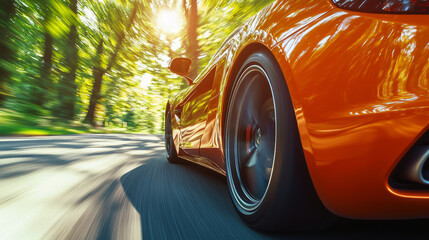 Close up of car wheels moving on the road in motion blur, generative AI