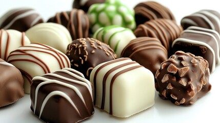 Assorted gourmet chocolates with various toppings and drizzles
