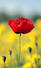 Obraz premium a red flower in a field of yellow flowers