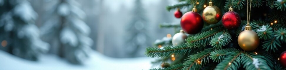 Dense evergreen tree stands against snowy background, ornaments shine brightly, Shiny Lights, Snowy Background,