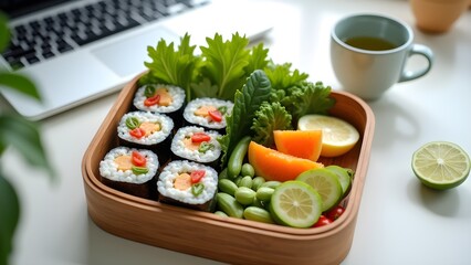 Sushi Bento Box with Fresh Greens and Citrus Fruits for a Balanced Meal at Home Workspace