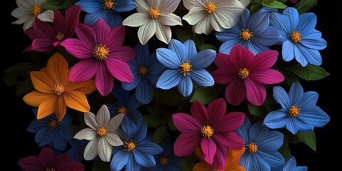 Colorful Flower Arrangement Close-up on Black Background with Vibrant Palette