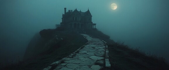Majestic Mansion Amidst Eerie Mystique Under the Glimmering Moonlight Scenery