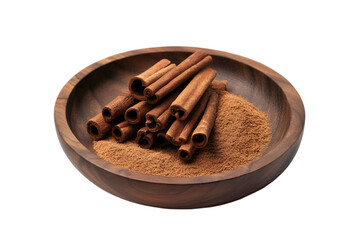 Cinnamon sticks and powder in a wooden bowl spice aroma warmth baking