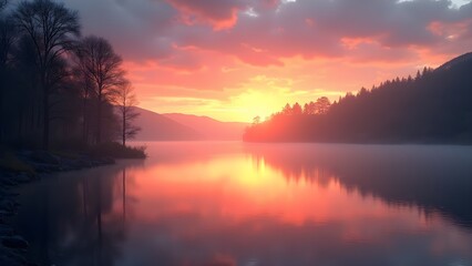 Obraz premium Golden Hour: Serene Lake Landscape at Dawn with Reflections and Misty Mountains
