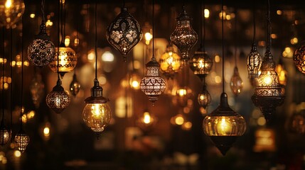 Hanging Moroccan lanterns illuminate market