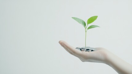Growing plant sprouting from a pile of coins in hand Over white Studio Background.