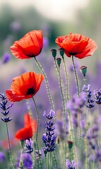 Fototapeta premium a group of red flowers in a field of purple flowers