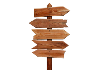 Wooden signposts with various arrows pointing in different directions, isolated on a transparent or white background