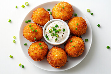 a plate of fried food with dip and green onions