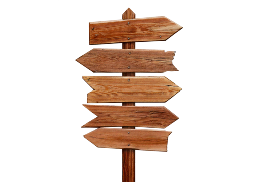 Wooden signposts with various arrows pointing in different directions, isolated on a transparent or white background