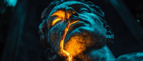 Glowing statue face, dark background.