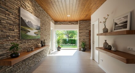 Fototapeta premium Coastal interior design of modern entrance hall with stone tiles wall and wooden rustic elements. Created with generative AI 