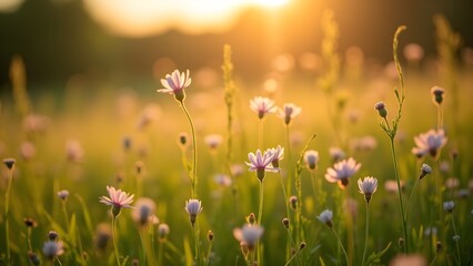 Obraz premium Wildflower field at sunset, colorful purple flowers in a golden hour light on meadow and grassland.