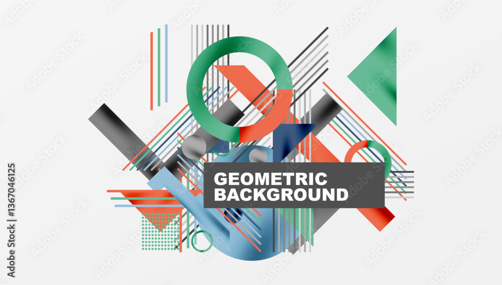 Poster Geometric Abstract Background with Bold Shapes and Contrasting Colors. Circles, triangles, squares and lines with shadow effect