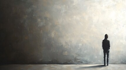 Hooded Figure Facing Light, Grungy Wall, Hope Concept