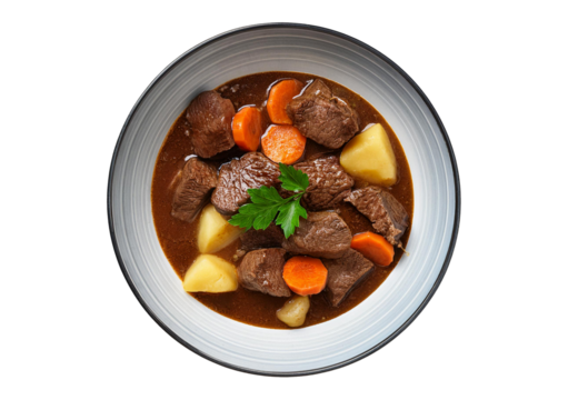 Beef bourguignon top view full length isolated on transparent or white background