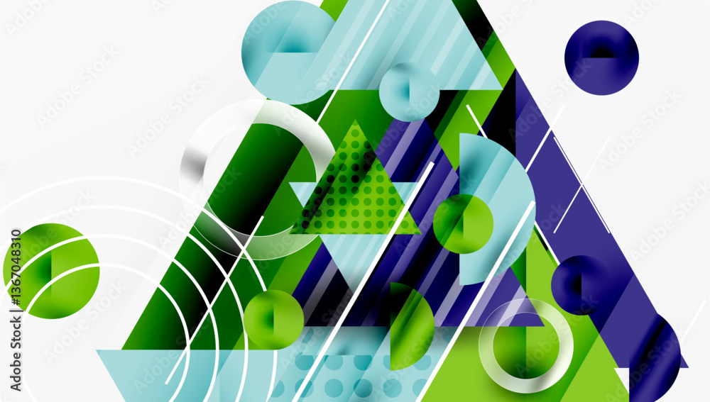 Poster Modern Abstract Design with Overlapping Transparent Triangles and Circles